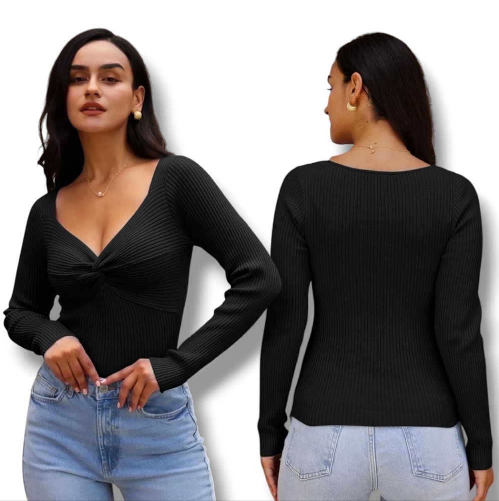 JESSICA Women's Black Sweetheart Neck Ribbed Knit Sweater